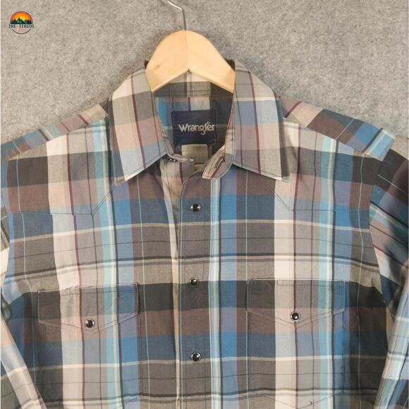 Wrangler Pearl Snap Button-Up Shirt Gray Blue Plaid Cotton Long Sleeve Men's M - Picture 3 of 11